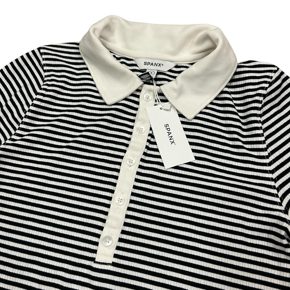 Spanx Rib Polo Top Womens Small Black‎ White Stripe Stretch New with Tags NWT